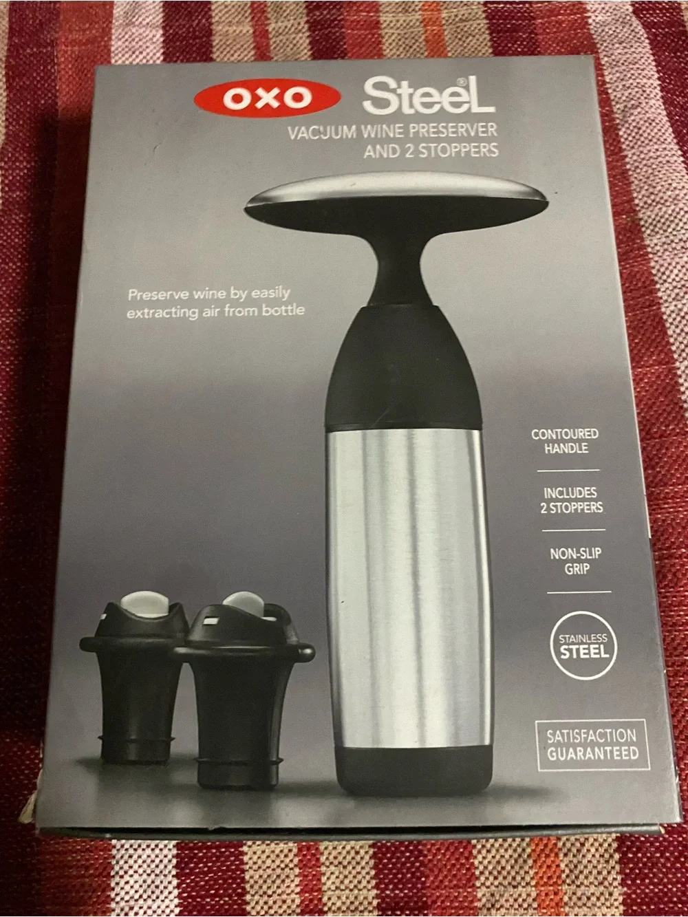 OXO Steel Vacuum Wine Preserver in Silver and Black